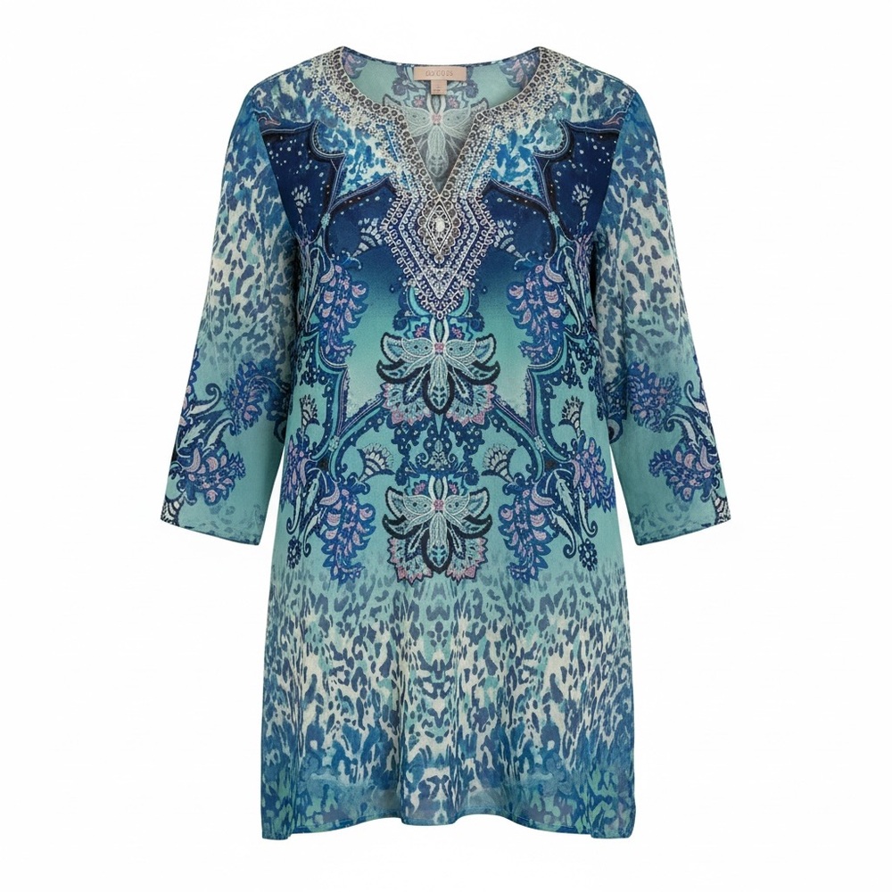 NWOT Chico’s Embellished Sheer Tunic Blue Paisley Boho Top Size 3 XL 16/18 - Picture 4 of 11